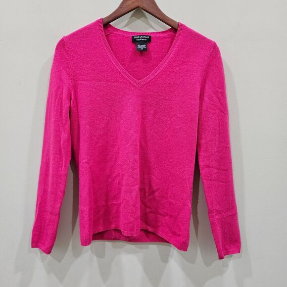 Lord & Taylor Womens Cashmere Sweater Hot Pink Small V-Neck Barbiecore Vibrant - Picture 1 of 9